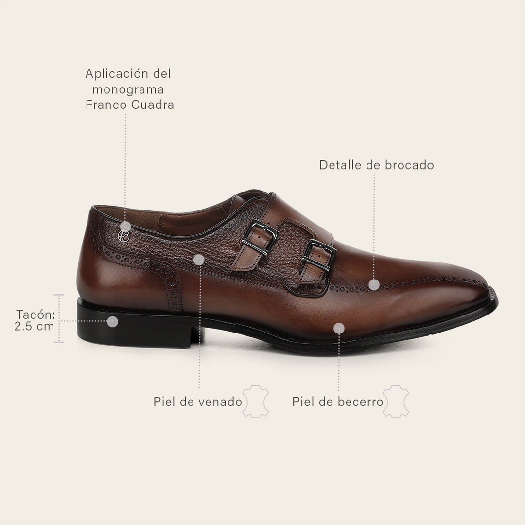 Zapato de vestir monkstrap en piel genuina de venado para caballero
