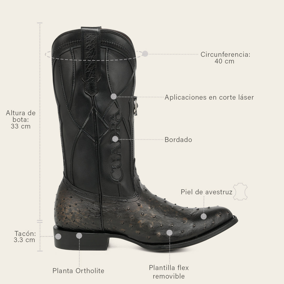 Bota tradicional en piel genuina de avestruz para caballero