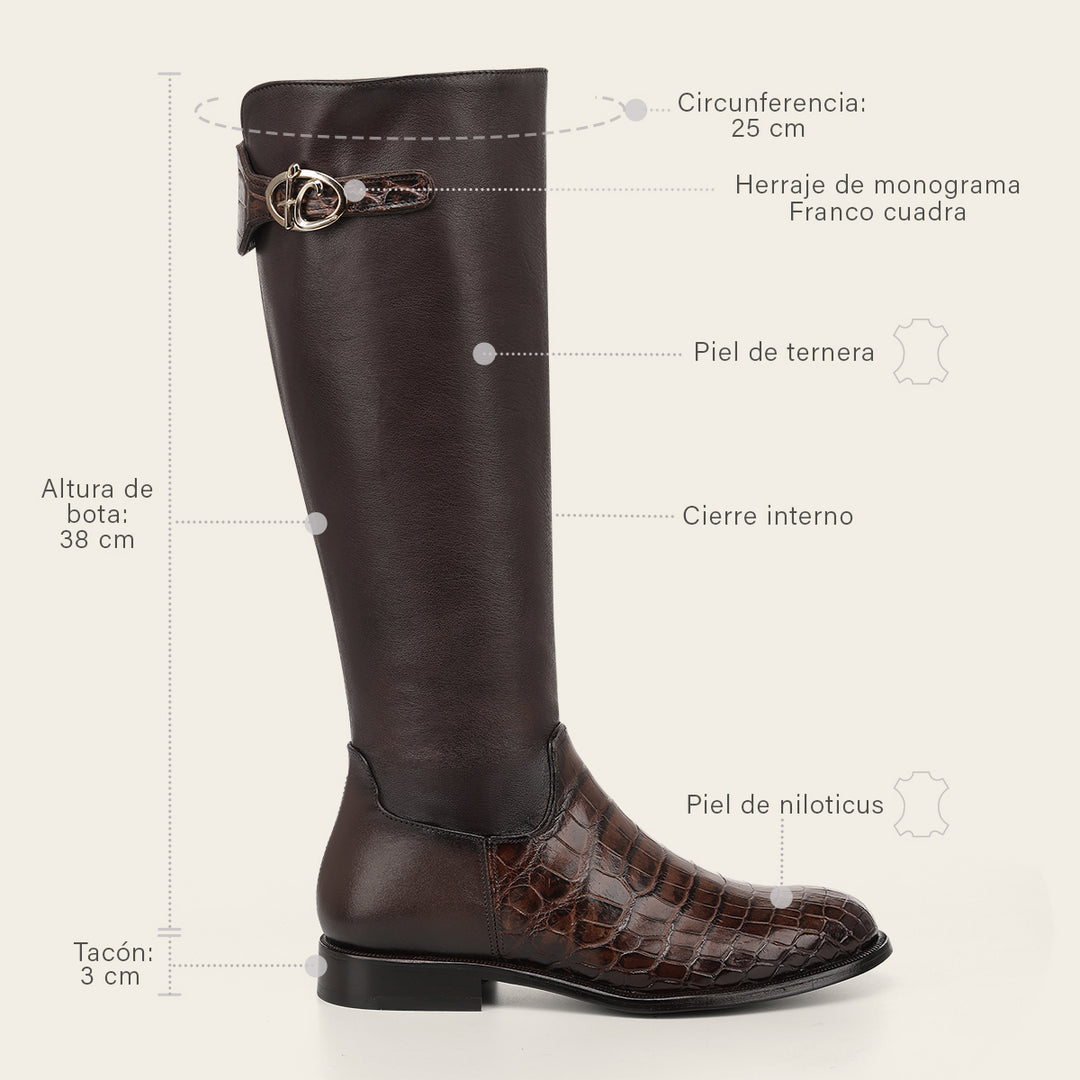 Bota estilo ecuestre en piel genuina de niloticus para dama