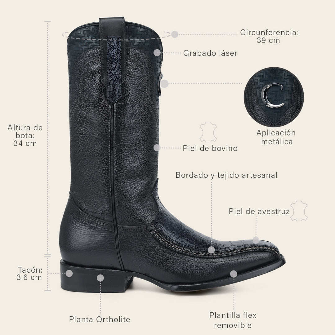 Bota tradicional en piel genuina de avestruz  para caballero