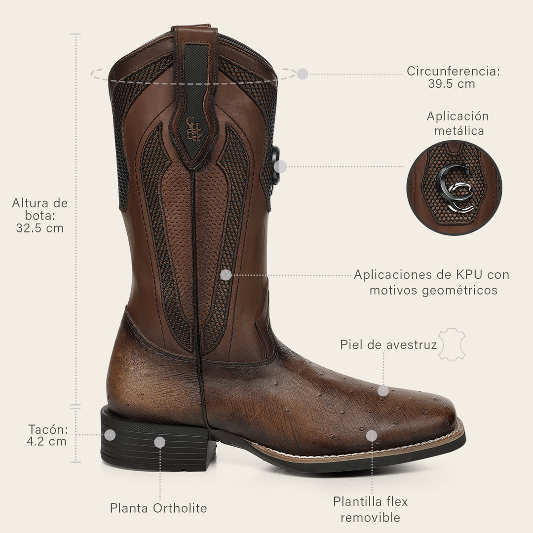 Bota rodeo en piel genuina de avestruz para caballero