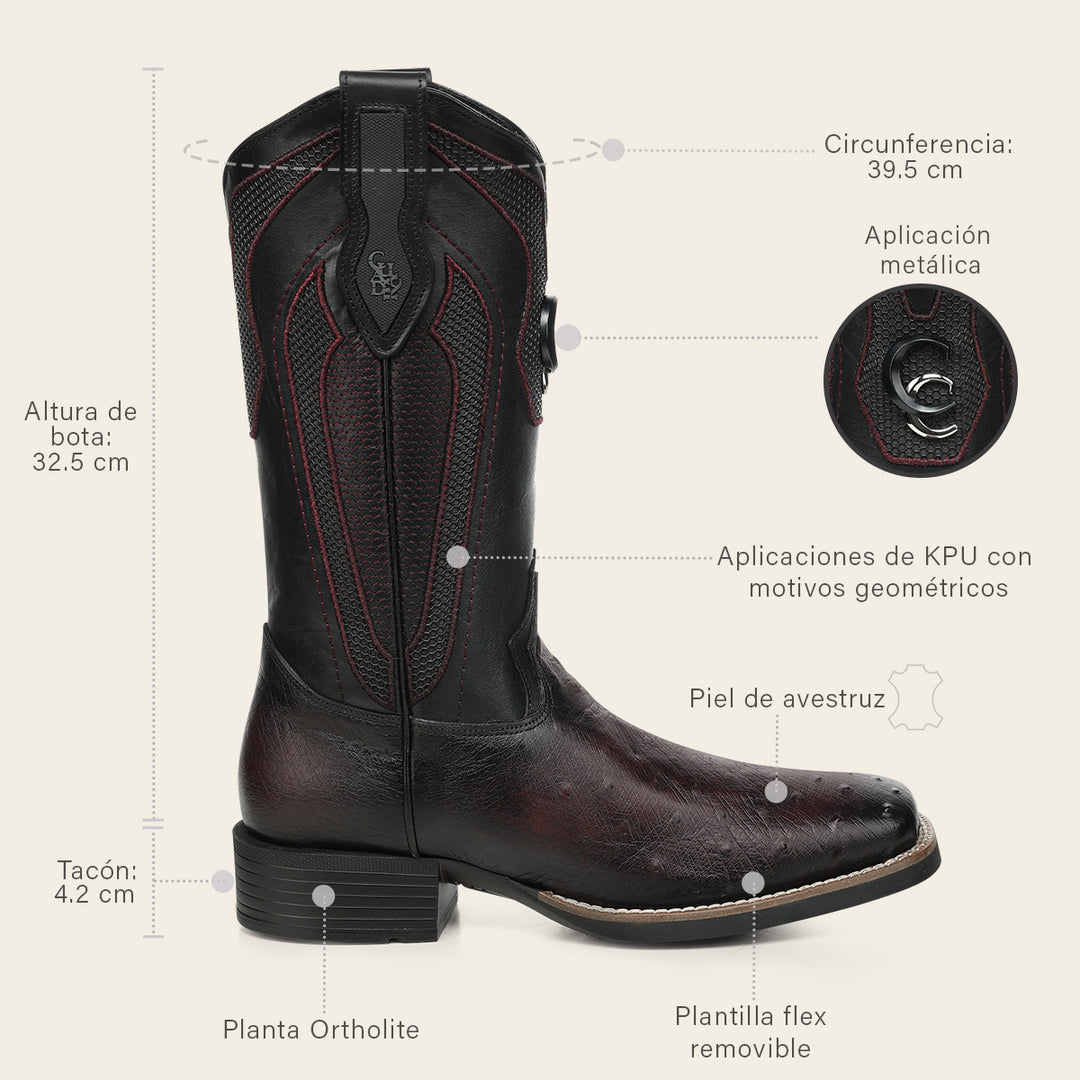 Bota rodeo en piel genuina de avestruz para caballero