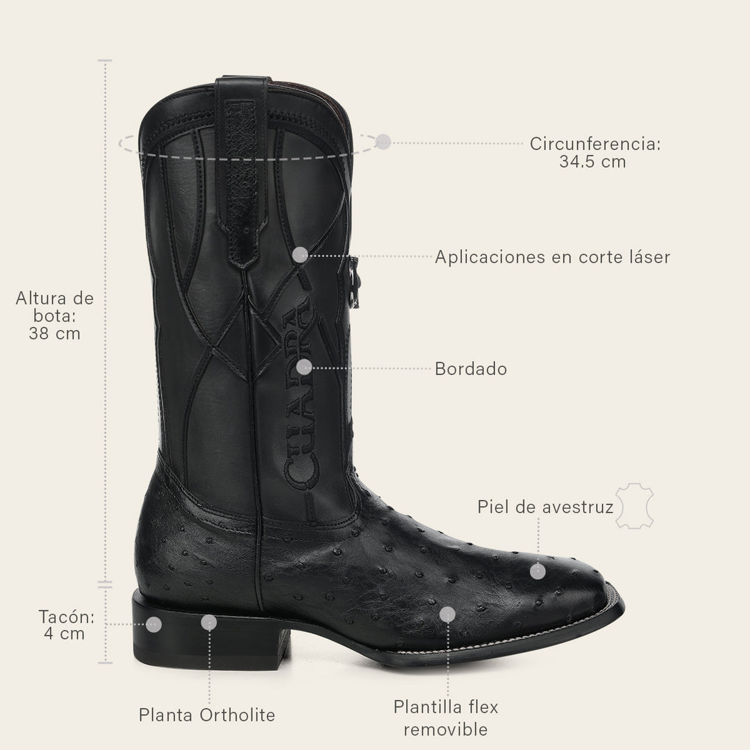 Bota de rodeo en piel genuina de avestruz para caballero