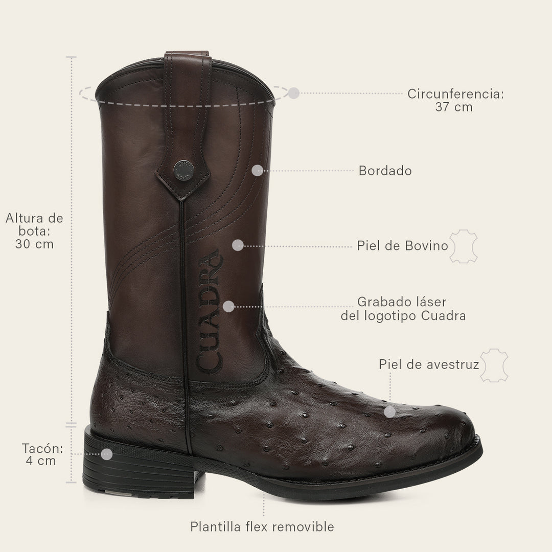 Bota roper en piel genuina de avestruz para caballero