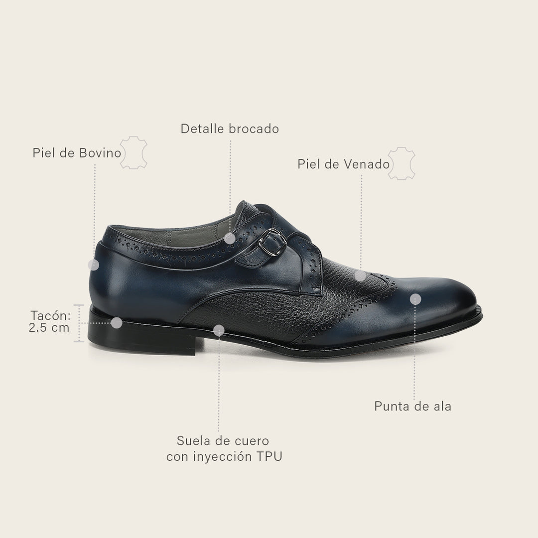 Zapato de vestir monk-strap en piel genuina de venado para caballero