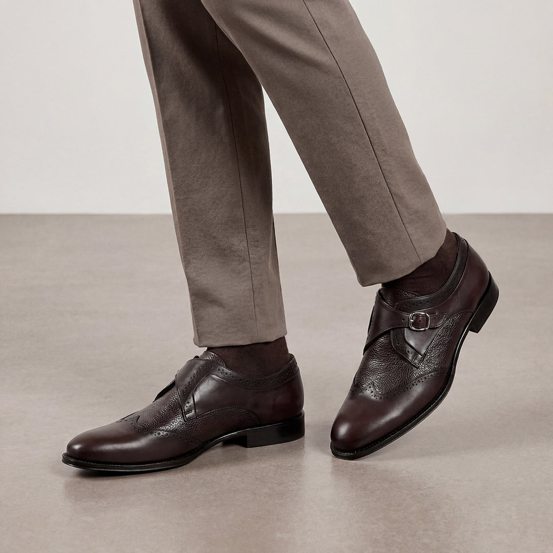 Zapato de vestir monk-strap en piel genuina de venado para caballero