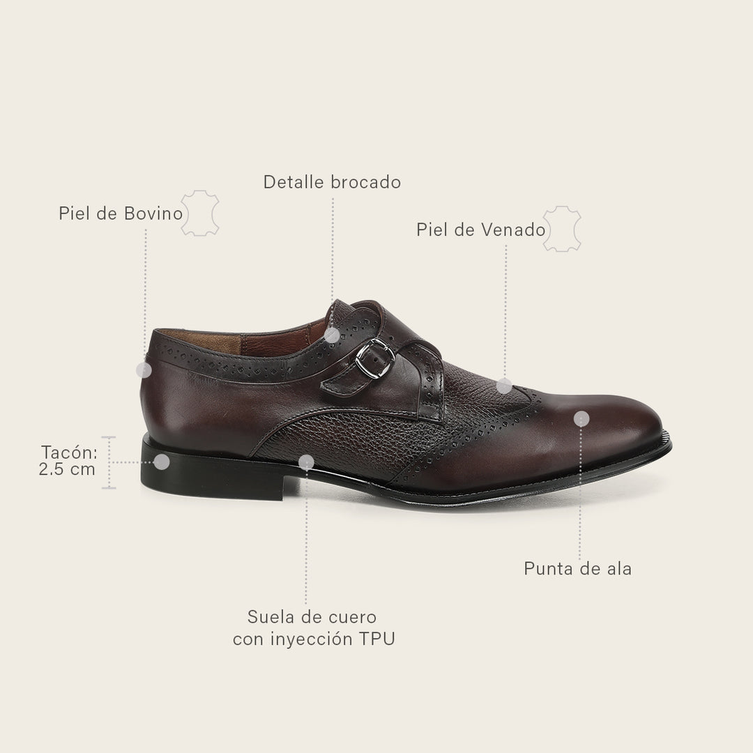 Zapato de vestir monk-strap en piel genuina de venado para caballero