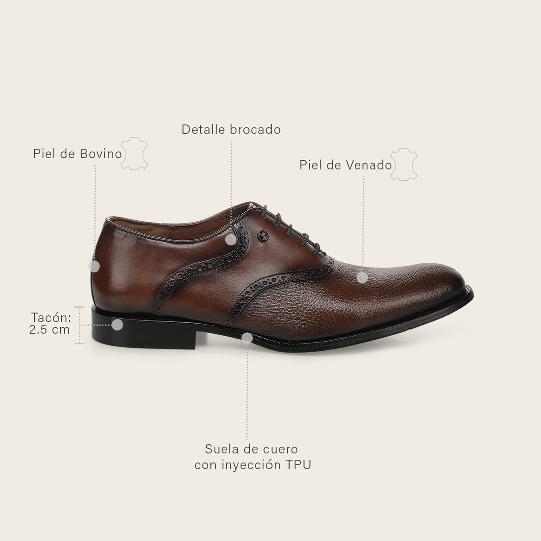 Zapato de vestir tipo Oxford en piel genuina de venado italiano para caballero