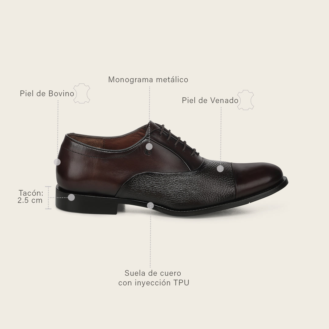Zapato de vestir tipo Oxford en piel genuina de venado para caballero