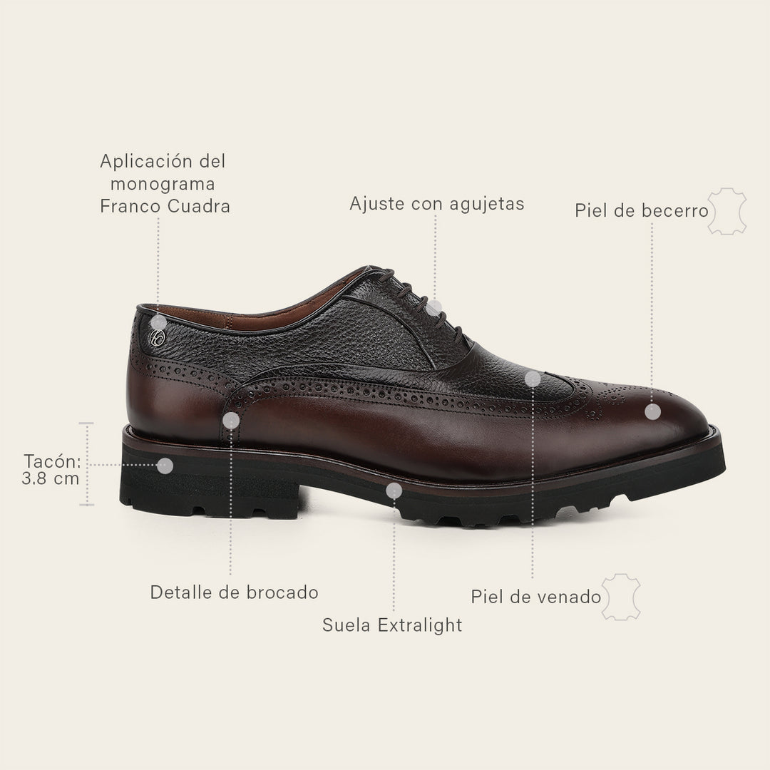 Zapato de vestir tipo Oxford en piel genuina de venado para caballero