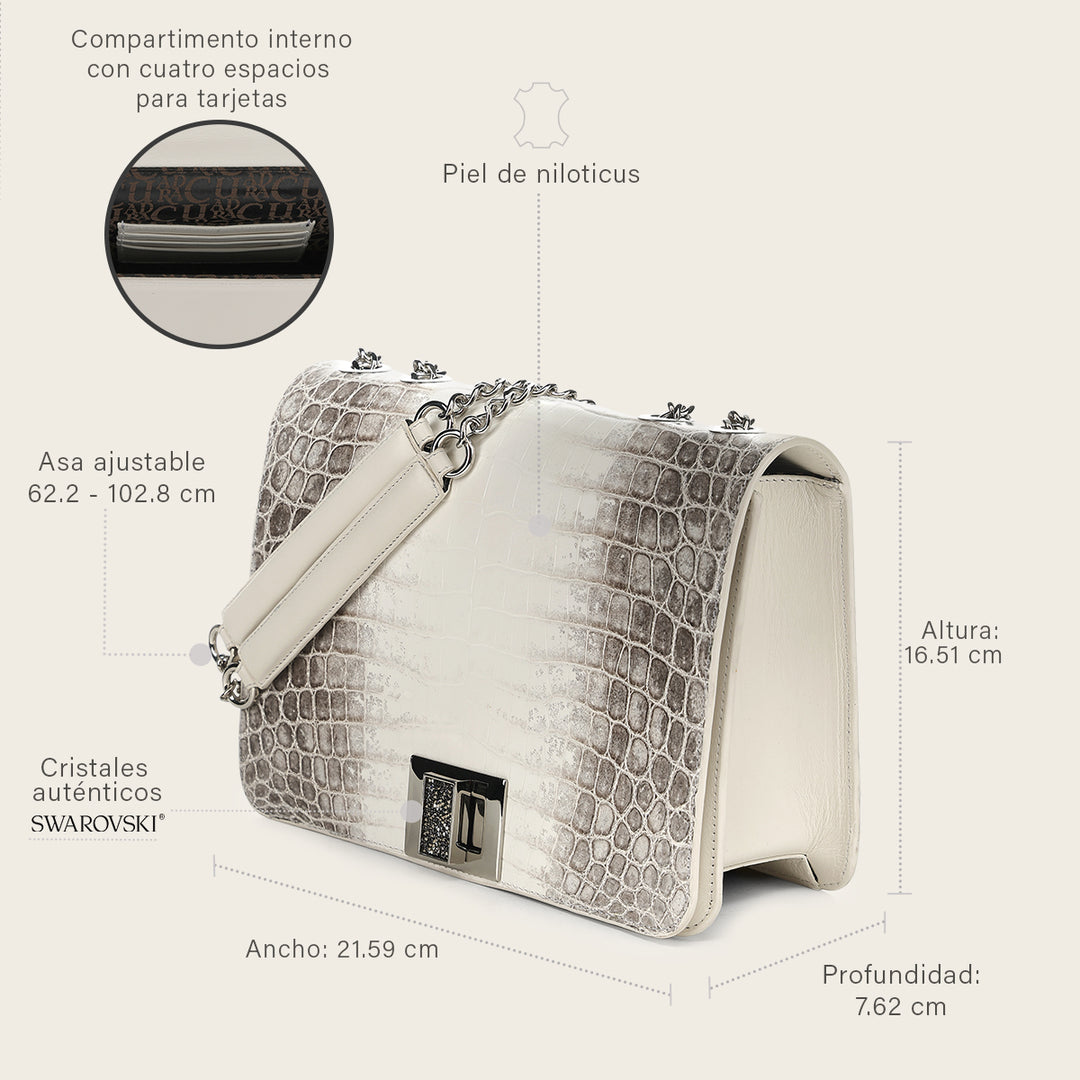Crossbody full exotic en piel genuina de niloticus para dama