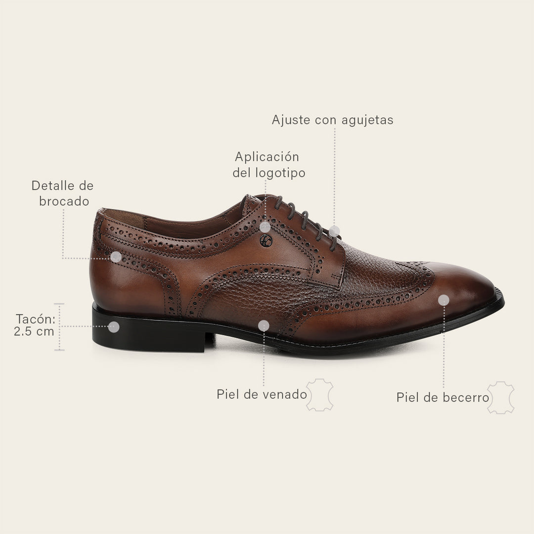 Zapato de vestir tipo Derby en piel genuina de venado italiano para caballero