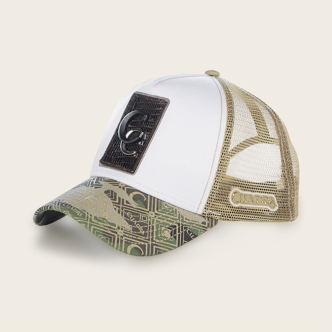 Gorra Cuadra con parche en piel de lizard