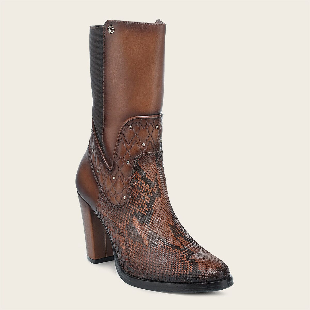 Pitón Franco Cuadra Botas Dama Botín De Vestir En Piel Genuina De