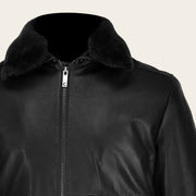 Chamarra en piel genuina con cuello de pelo Ropa 